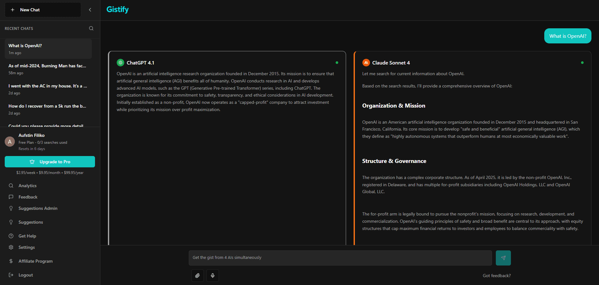 Gistify user interface